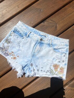 Dex Light Blue Embroidered  Floral Distressed jean Shorts
